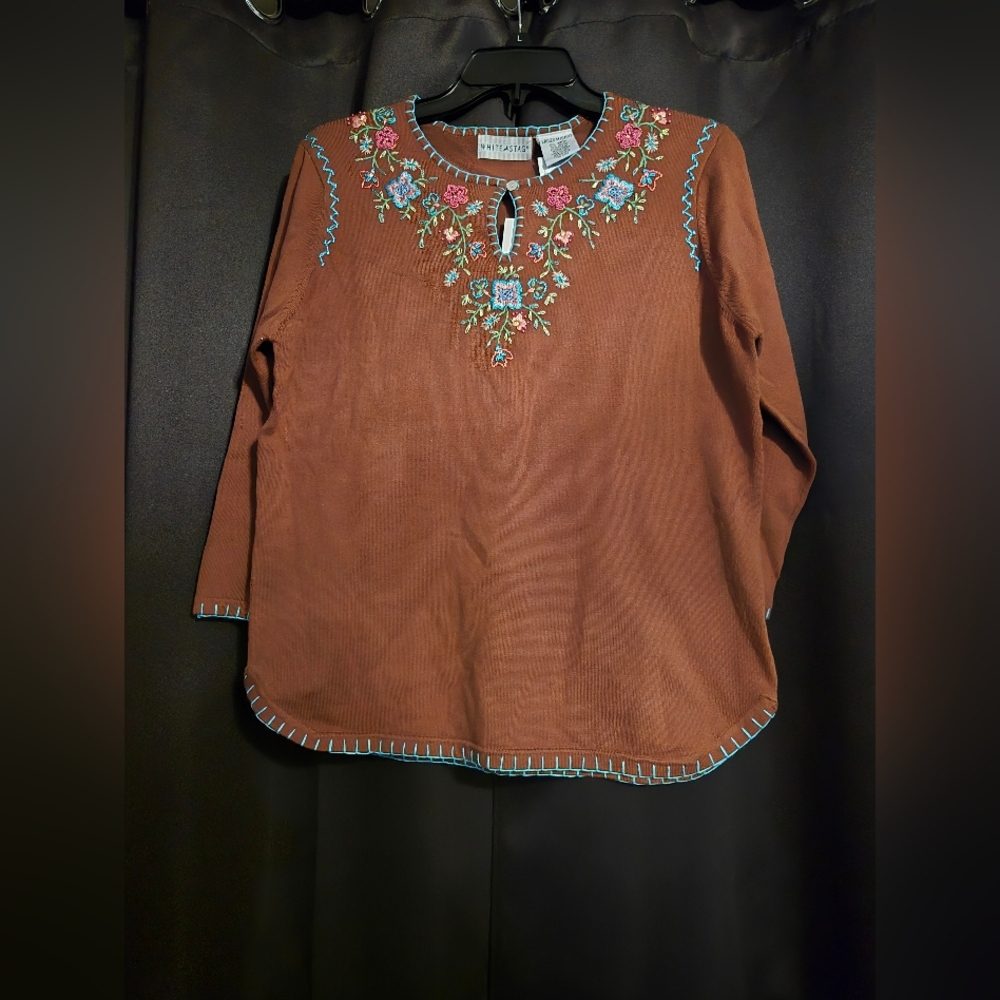 White Stag Embroidered Boho Tunic Top Brown Turquoise | NWT Medium